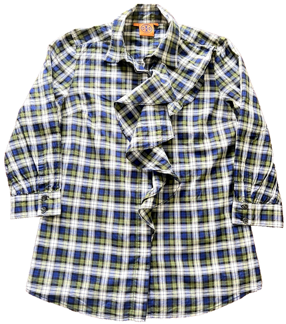 Tory Burch Preppy Tartan Plaid Button Ruffle Preppy Dark Academia Tailored SZ 6